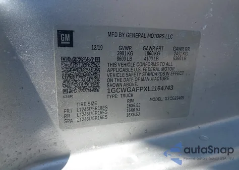 2020 Chevrolet Express Cargo Rwd 2500 Regular Wheelbase Wt из США, поврежденный, VIN 1GCWGAFPXL1164743